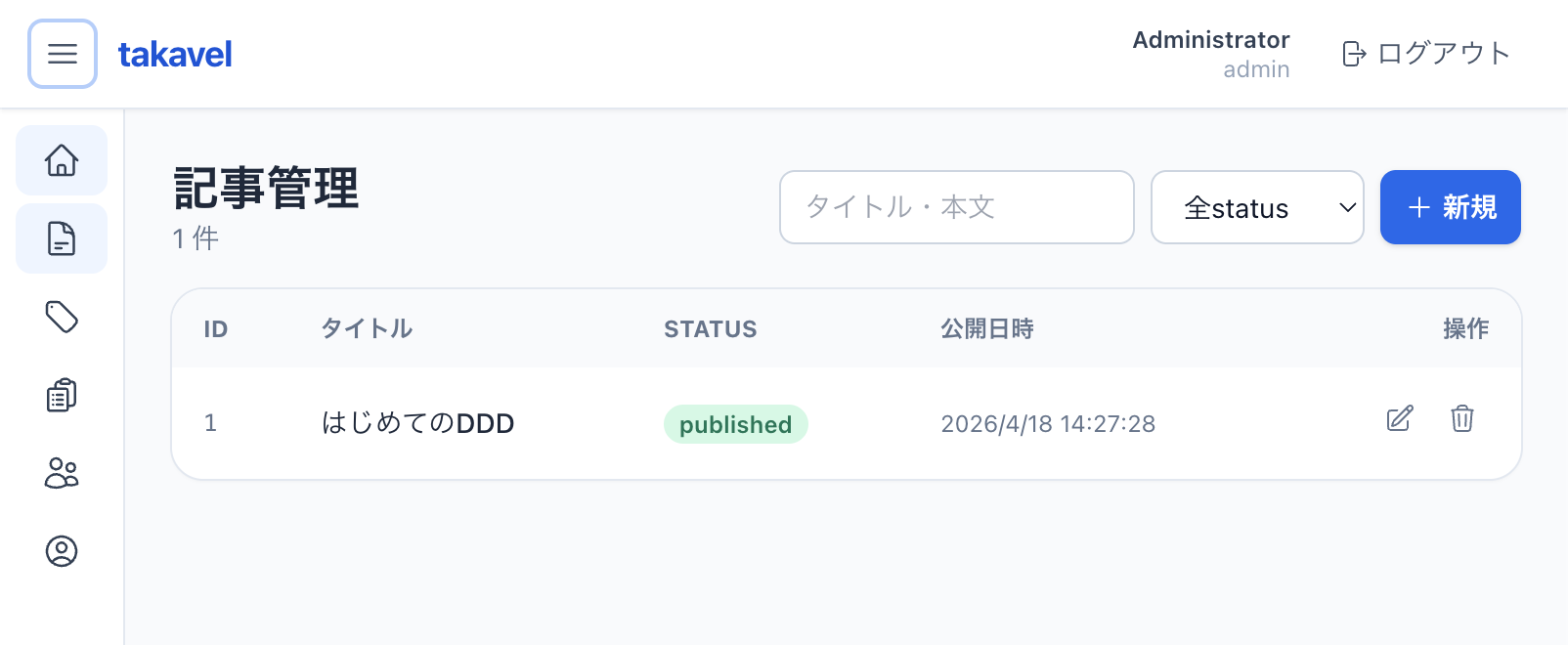 記事管理システムの管理画面